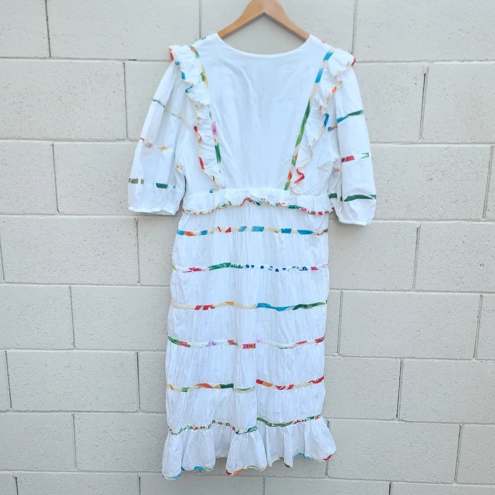 Farm Rio | Mixed Off-White Prints Midi Tiered Dress White Rainbow Size Large - Picture 14 of 14